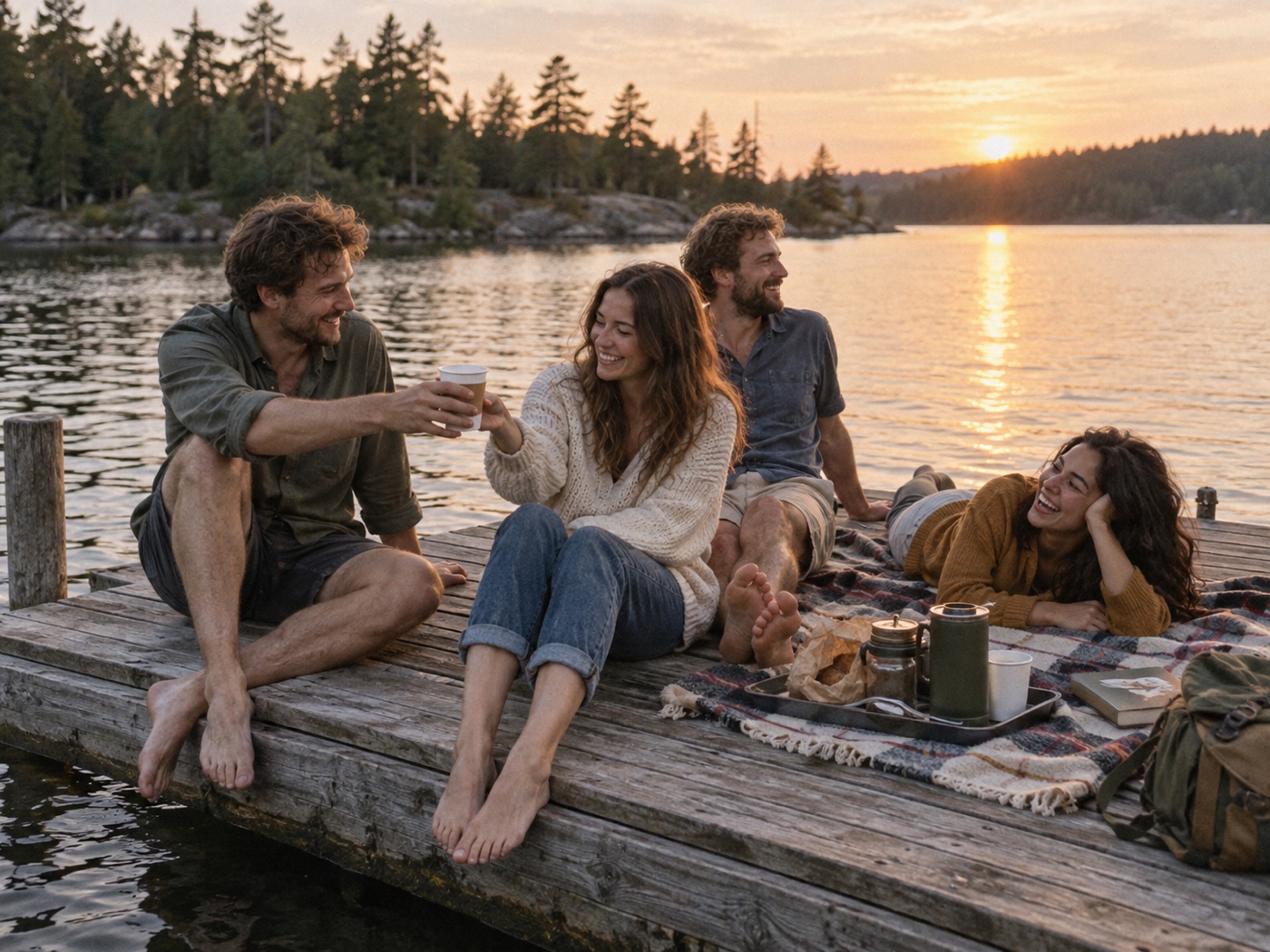 Friends watching the sunset by a lake